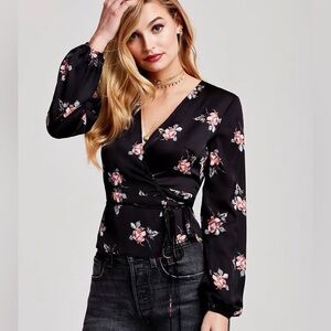 Floral Wrap Top - Black with Red Flowers